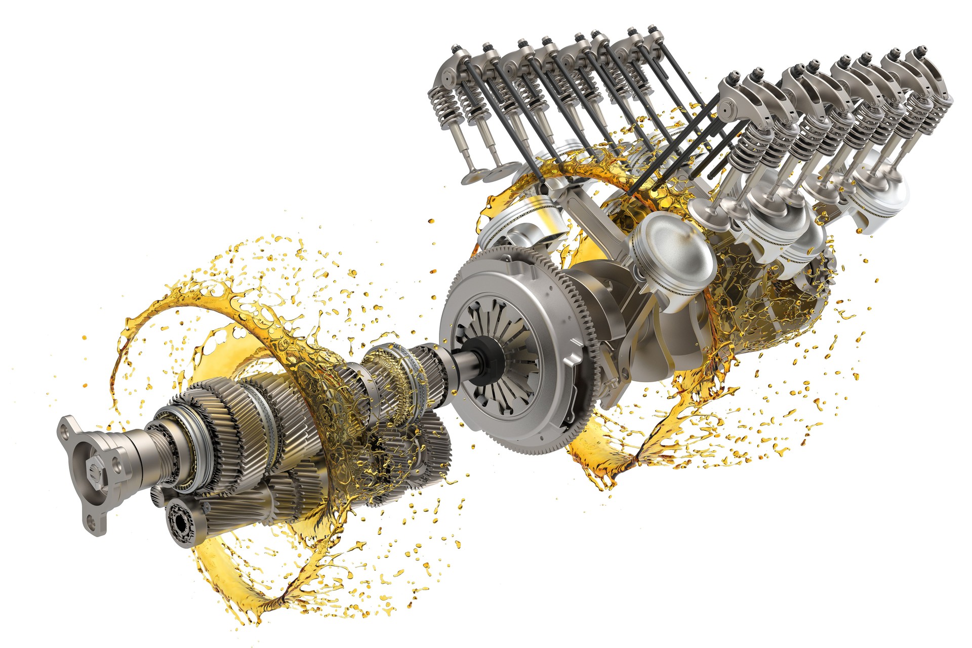 Illustration 3D de l’huile moteur et boîte de vitesses de la voiture. De l’huile pour voiture. Engrenages de transmission dans l’huile et les pièces de moteur.